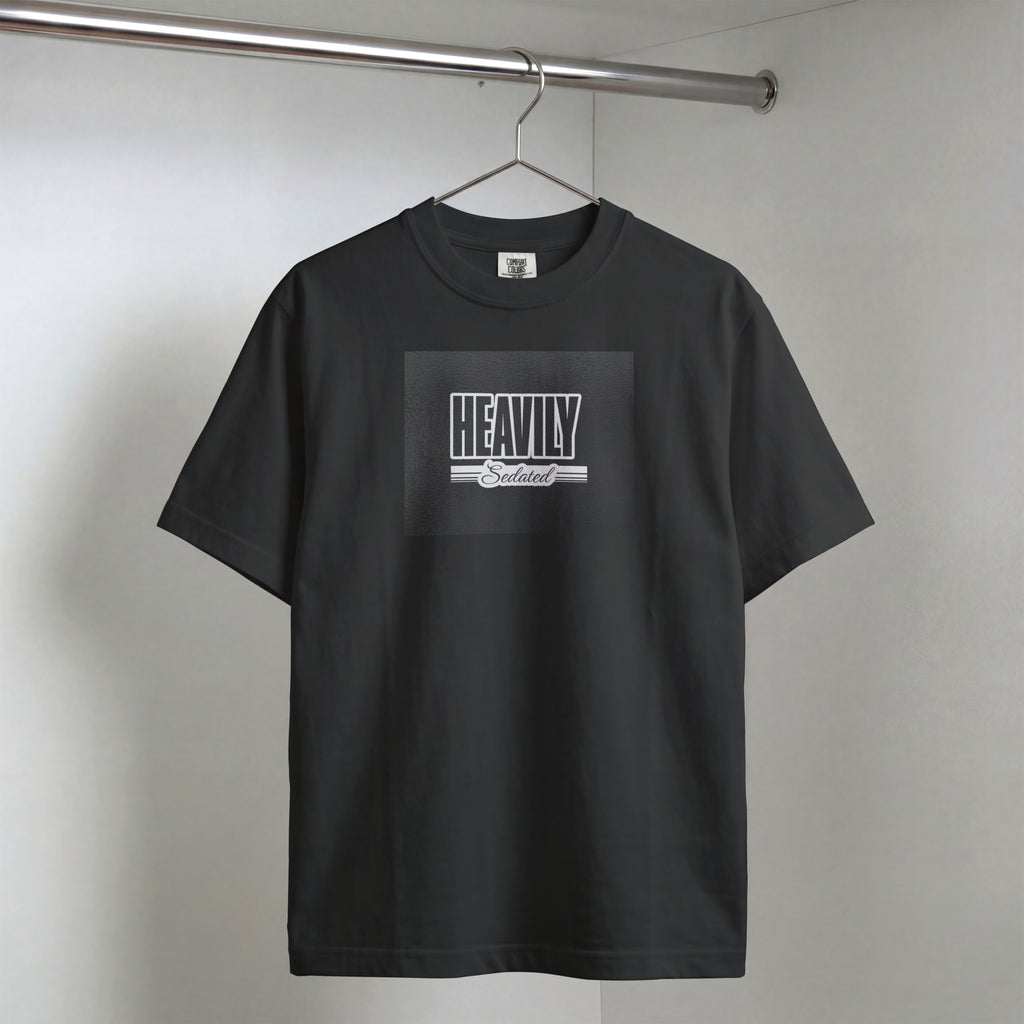 Black T-Shirt with Black and White Graphic Text "Heavily Sedated" Retro Style